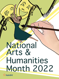 Drawing of a hand holding a paint brush with a dancer, music notes, and drama masks. 'National Arts & Humanities Month 2022.'